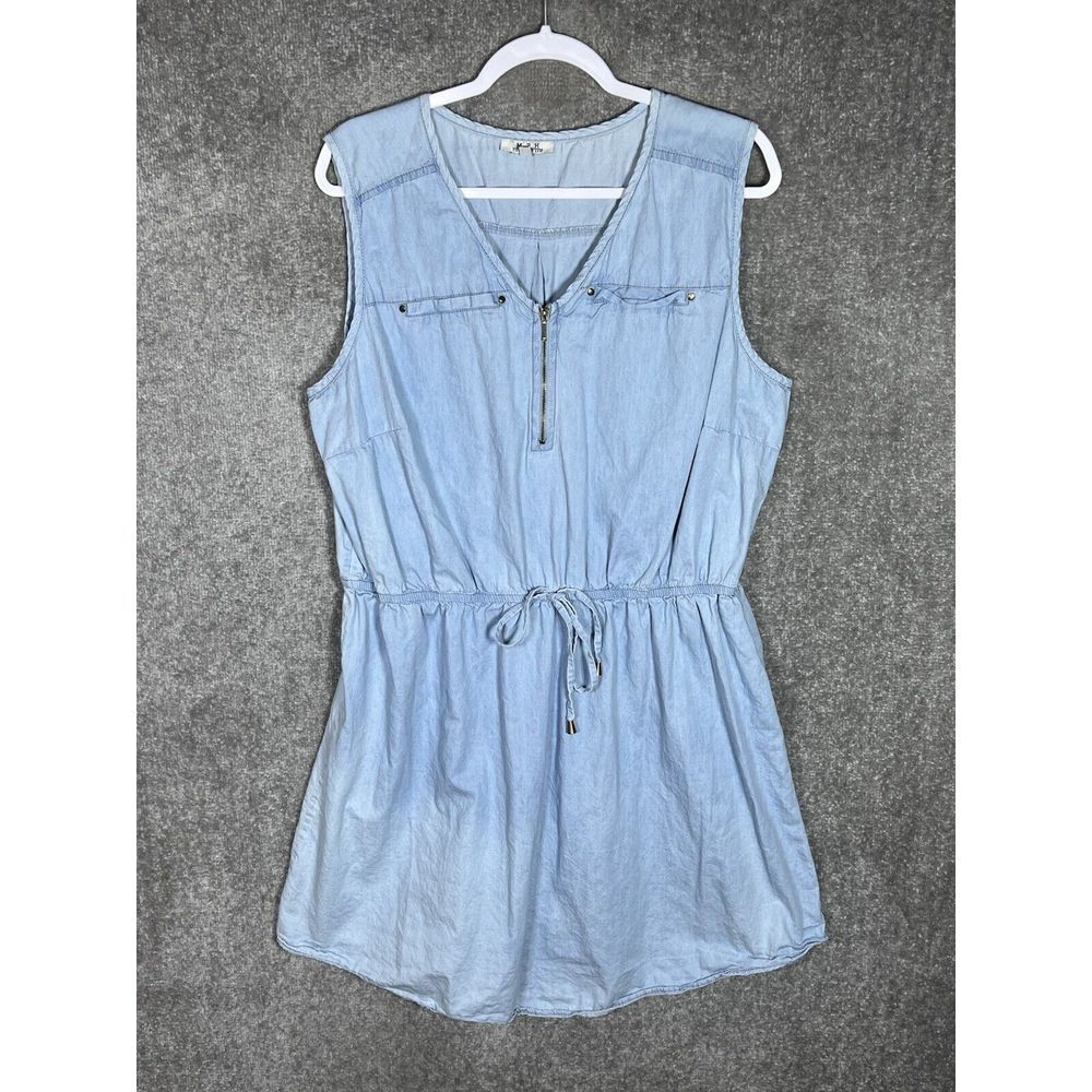 MPH Chambray Dress Womens Size 2X Blue Cotton Sleeveless Drawstring Waist V-Neck